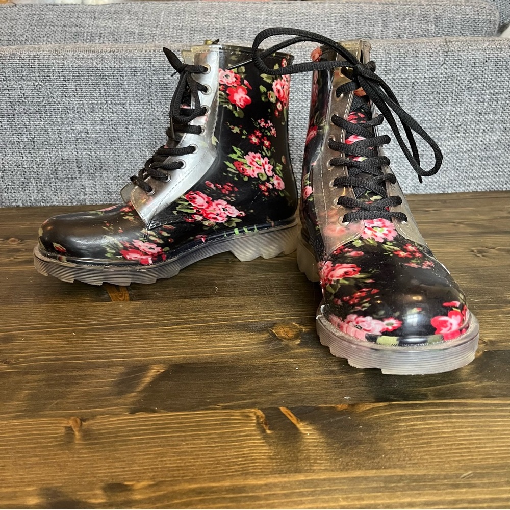 Floral Rain Boots/Combat Boots - Size 7